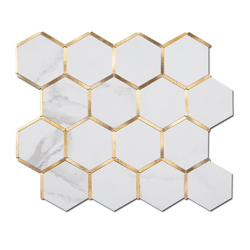 5-Sheet Peel and Stick Backsplash Tile PVC White Marble Stone with Gold Metal 3'' Hexagon